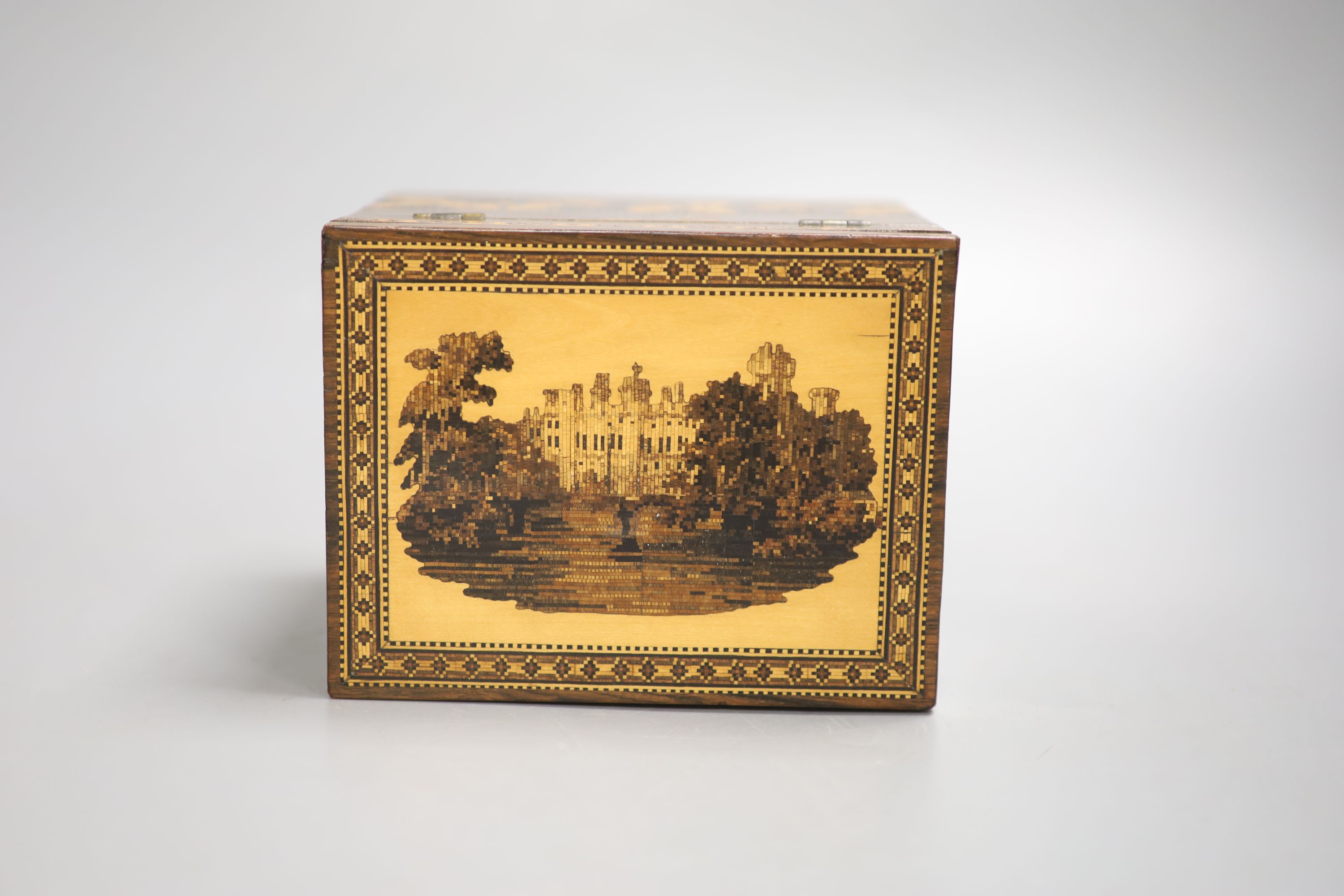 A late Victorian Tunbridge Ware rosewood tea caddy, inlaid to the top with Warwick Castle, W 14, H 11.5cm D 11cm